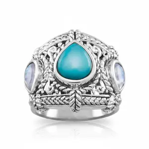 Pear Blue Topaz Turquoise 3-Stone Ring Oxidized 925 Sterling Silver Sizes 6-10