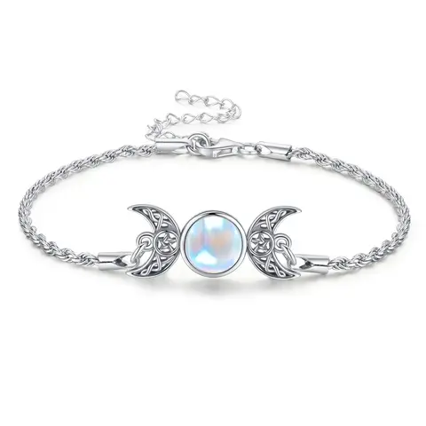 DRINSPER 925 Sterling Silver Artificial Moonstone Silver Bracelet - Hecate Triple Moon Goddess Amulet, Celtic Knot Crescent Moon Fashion Wrist Jewelry with Exquisite Polish, Feminine Energy for Adult Women, Comfortable Birthday Gift