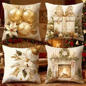 4pcs Vintage Christmas Throw Pillow Covers - HD Printed Festive Pillowcases with Invisible Zipper, Polyester Cushion Covers for Home Decor, Living Room, Bedroom, Farmhouse Christmas Accent
