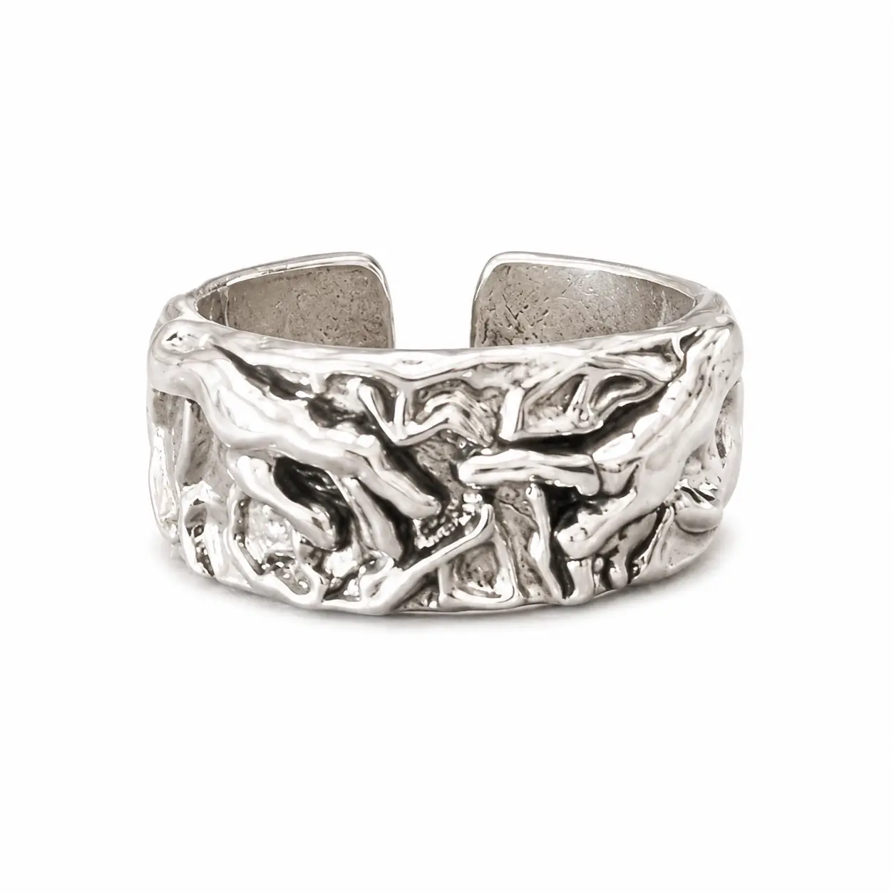 Adjustable God's Hand Ring, Silver-Tone Copper Open Band with Textured Wide Statement Design