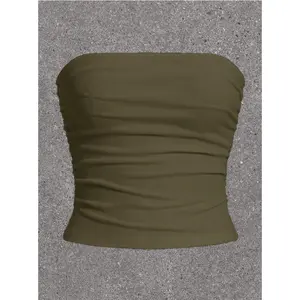 Eyelet ruched tube top – womens slim fit strapless crop top in army green
