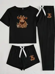 Women's Cartoon Floral Highland Cow Print Pajama Set, Casual Fitted Sleepwear Loungewear, All Seasons, Three-Piece Nightwear