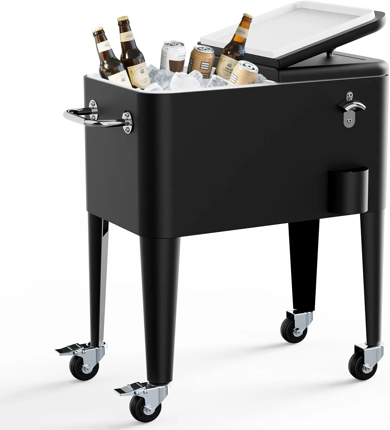 60/80 Qt PP Plastic Rolling Cooler Box with Rolling Wheels - Portable Multifunctional Outdoor Food & Beverage Cart, 60qt with Tray, Bottle Opener, Bottle Cap Collector, Drain - Camping Gear Must Haves for Patio Parties