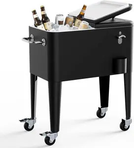 60 Quart Rolling Ice Chest, Portable Patio Party Drink Cooler Cart with Bottle Opener & Cap Collector & Drain for Patio Party BBQ & Beach Activities