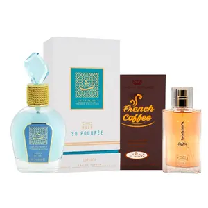 2 Pack of Musk So Poudree Thameen Collection Eau de Parfum Spray for Women by Lattafa and French coffee 50 ml perfume.