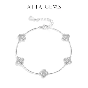ATTAGEMS Four Leaf Clover 3.0MM Round Cut Lab-Created Moissanite Bracelet for Women Girls S925 Sterling Silver Bracelet Anniversary Gift Lucky Jewelry Daily Wear B083