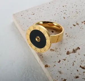 R379 – Trendy Big Round Roman Numeral Ring Black Oil Drip!