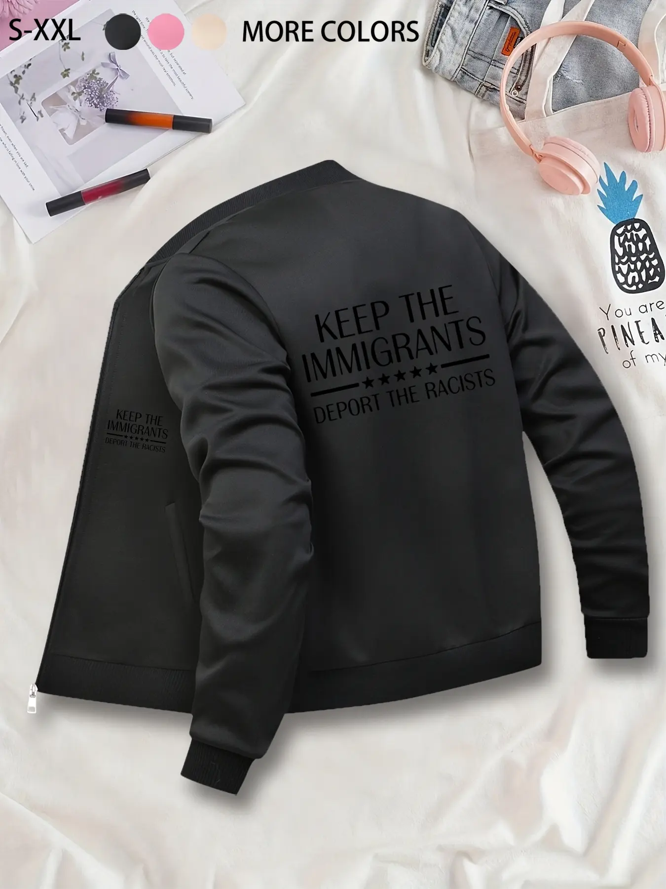 "Keep The Immigrants Deport The Racists" Slogan Jacket - Zip-Up Casual Jacket, Stand Collar, Polyester Knit Fabric, Fitted Design, Pocket Detail, Suitable for Autumn & Winter.