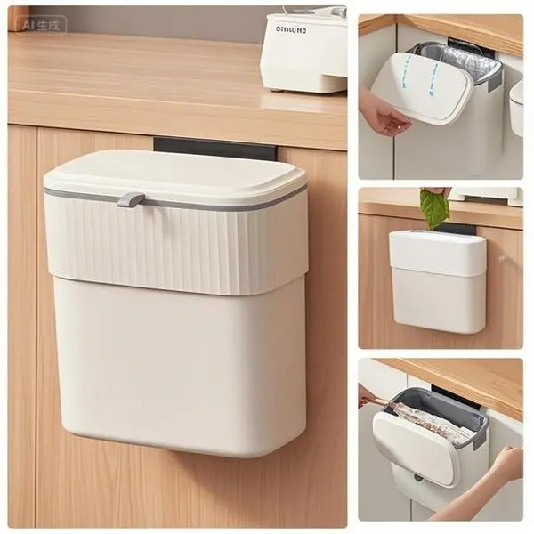 Under Sink Trash Can with Lid 2.5 Gallon Kitchen Compost Bin, Wall-Mounted Garbage Can for Small Spaces, Plastic Waste Bin for Cupboard Countertop, Space-Saving Design, Odor Control