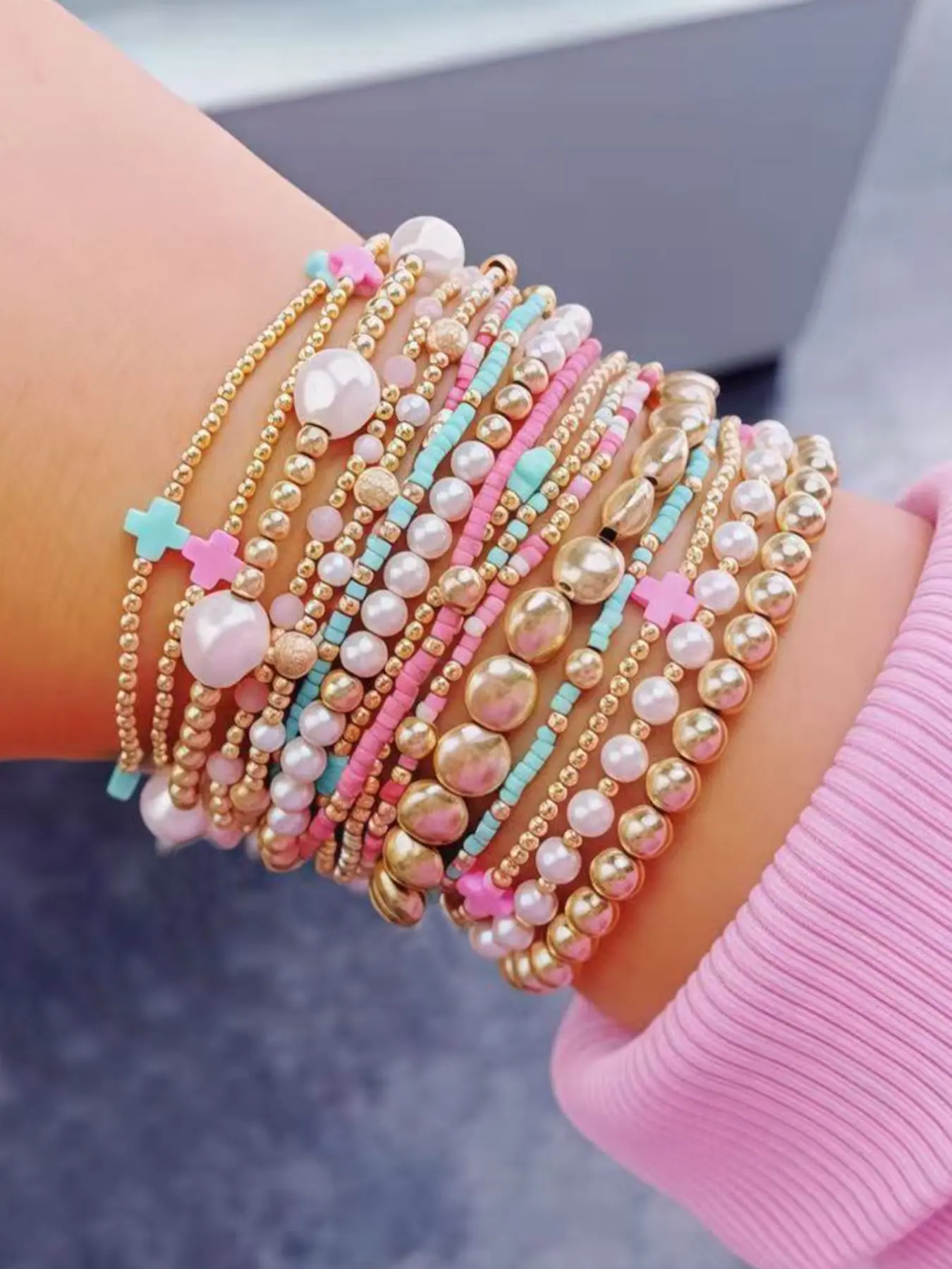 13-Piece Women's Cross Bracelet Set, Colorful CCB Beads, Faux Pearl Layered Elastic Bracelet, Birthday Gift, Multilayered Design, Beaded Bracelet Sets