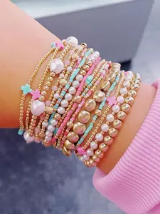 13-Piece Women's Cross Bracelet Set, Colorful Beads, Ccb Beads, Faux Pearl Layered Elastic Wristbands, Birthday Gift
