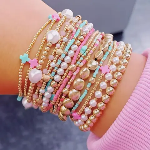 13-Piece Women's Cross Bracelet Set, Colorful CCB Beads, Faux Pearl Layered Elastic Bracelet, Birthday Gift, Multilayered Design, Beaded Bracelet Sets, Stacked Design Bracelets
