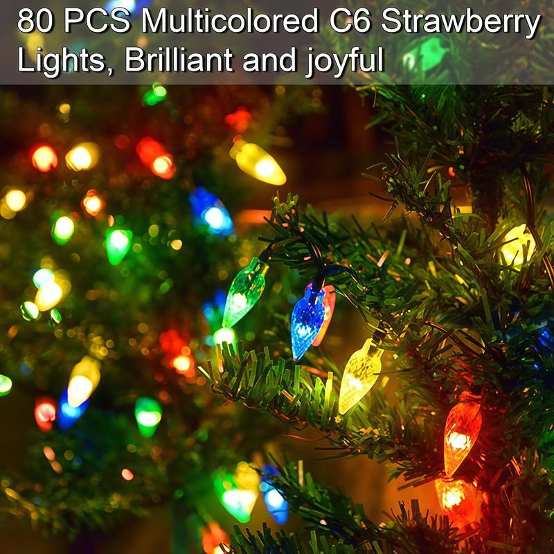 Product Introduction of 1 Tow 4 Solar Christmas Tree Lights. Includes 80 colorful strawberry bulbs, IPX4 waterproof, suitable for outdoor patio garden decorations for festivals, driveways and Christmas parties! 10