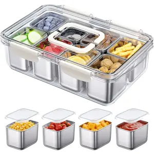 304 Stainless Steel Divided Serving Tray with Lid and Handle, Portable 8 Compartments Veggie Tray for Fruits Veggies Nuts Candy, Dishwasher Safe for Travel Picnic Beach Parties