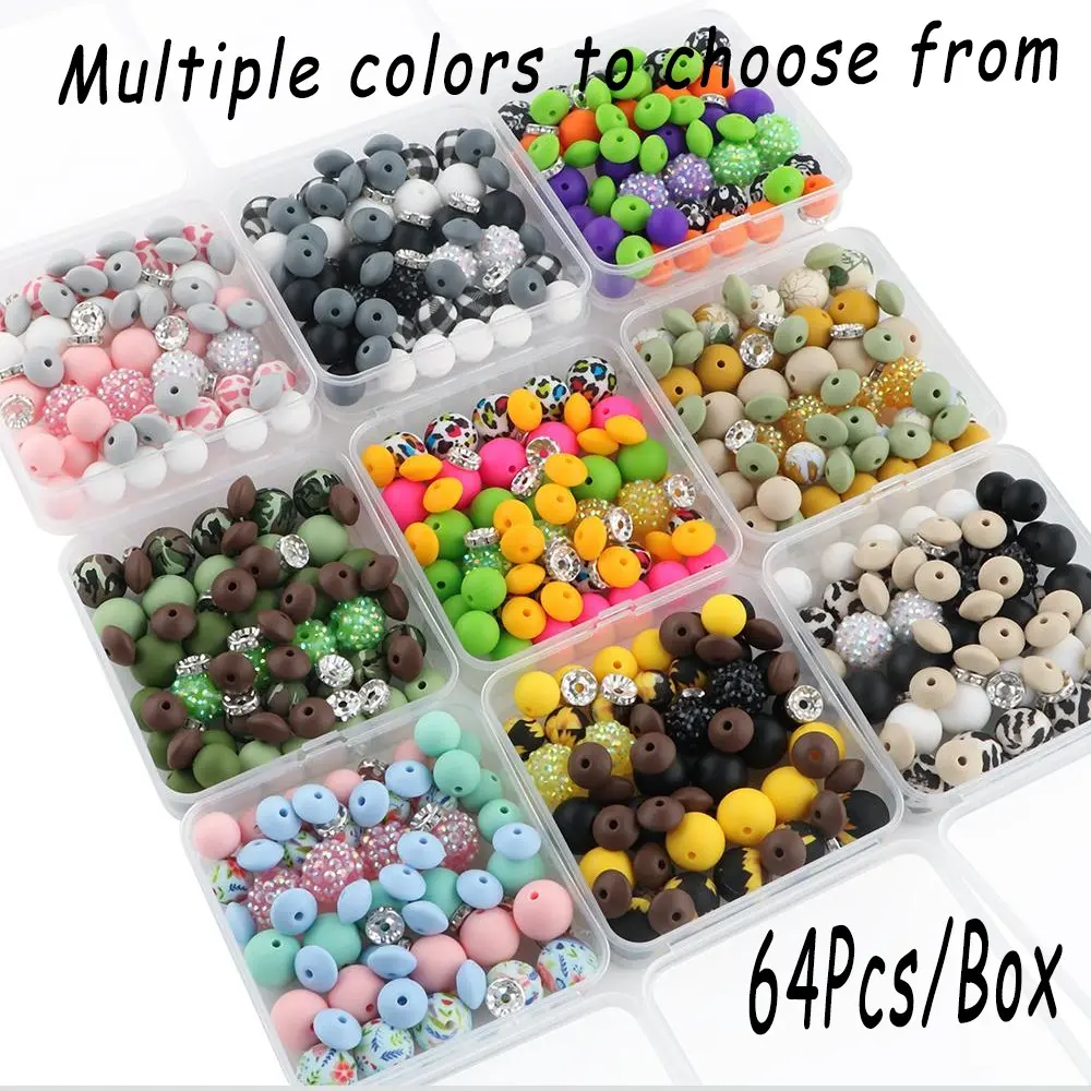 Mixed Sizes Silicone Bead Kit, 64pcs/box Colorful Beads, DIY Jewelry Making Supplies for Bracelet Necklace Earrings Pendant, Handcraft, Diy Craft Embellishments, DIY Beading Accessories, Beaded Tassel Charms, DIY Galaxy Beads, Beads for Crafts