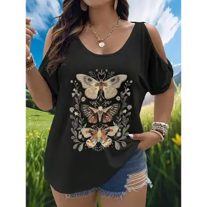 Plus-Size Women's Clothing Vintage Moth And Plant Print T-Shirt Asymmetrical Short-Sleeve Bohemian Summer Top Soft Breathable Daily Wear Travel Gift Choice - Womenswear