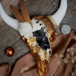 Golden Daisy Longhorn Buffalo Mini Skull Wall Hanging + Western Cowboy Home Decor