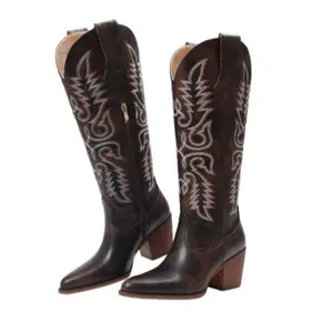 Women Knee High Cowgirl Embroidery Boots Pointed Toe Chunky Heel Western Knee Length Boots