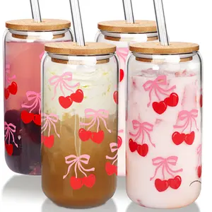 ANOTION  20oz Cherry Print Glass Tumblers with Bamboo Lids & Straws, Cute Drinking Glasses for Women, Reusable, pink bow