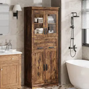 Tall Kitchen Pantry Storage Cabinet, 66.9" Freestanding Food Cabinet with Adjustable Shelves, Drawer & Anti-Tipping Device, Wooden Tall Storage Cabinet with Glass Doors for Kitchen, Dining Room