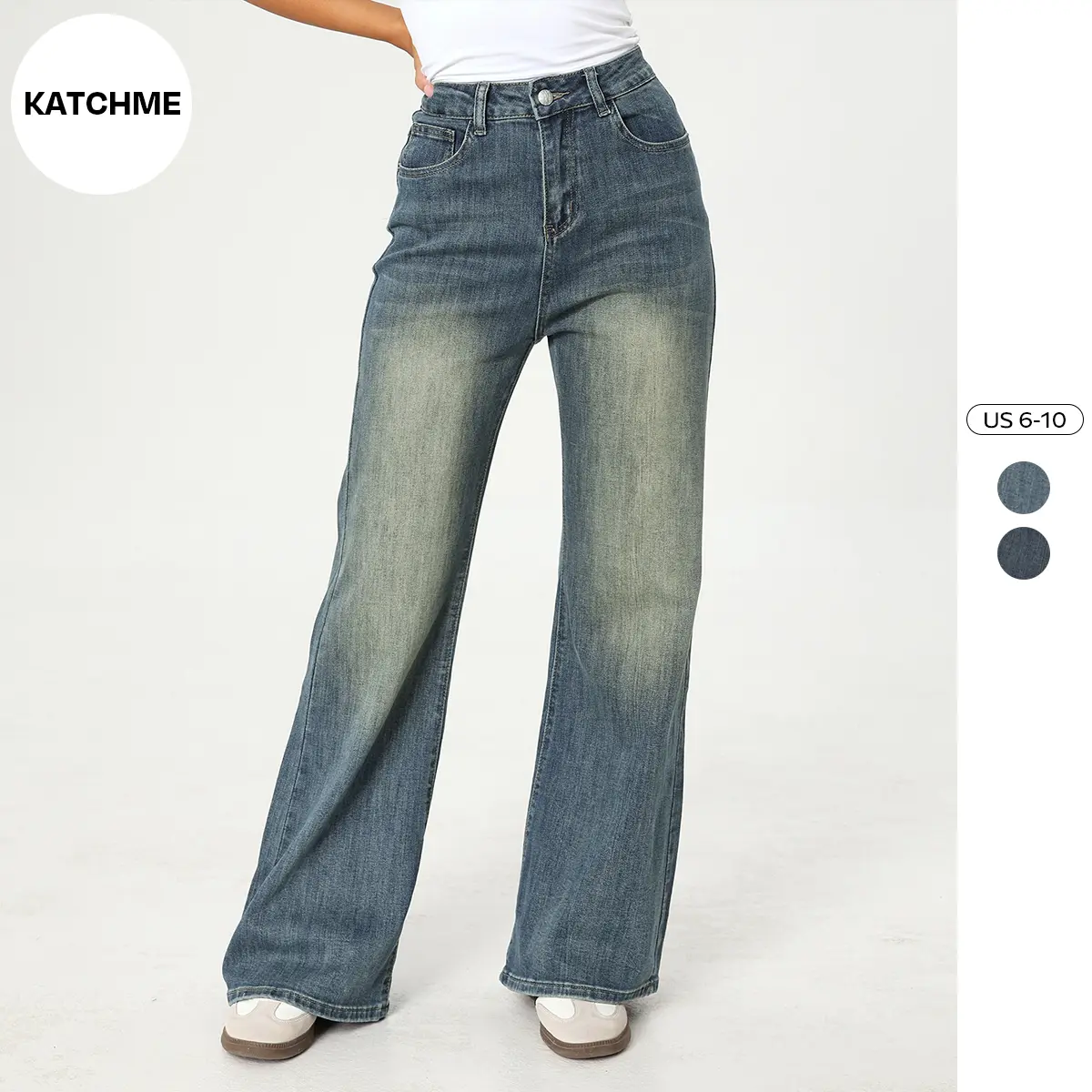 KatchMe Women's Versatile High Waist Distressed Durable Denim Multi-Pocket Wide Leg Jeans, Wrinkle-Resistant Relaxed Fit Women's Bottom, Casual Streetwear, Stretchy Soft Pants