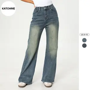 KatchMe Women's Versatile High Waist Distressed Denim Multi-Pocket Wide Leg Jeans, Comfort Women's Bottom, Vintage Street Womenswear