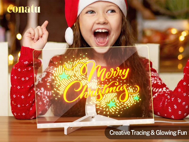 Conatu 儿童亚克力画板,亚克力干擦发光板,带支架、马克笔、湿巾、喷雾瓶和描图纸,可擦写重复使用,适合儿童学习,是生日、万圣节、圣诞节的理想礼物,也可作装饰霓虹灯。 Conatu 儿童亚克力画板,亚克力干擦发光板,带支架、马克笔、湿巾、喷雾瓶和描图纸,可擦写重复使用,适合儿童学习,是生日、万圣节、圣诞节的理想礼物,也可作装饰霓虹灯。