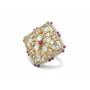 Kundan Adjustable Ring | Gold Plated Polki Ring with Pearl Ruby CZ Stones