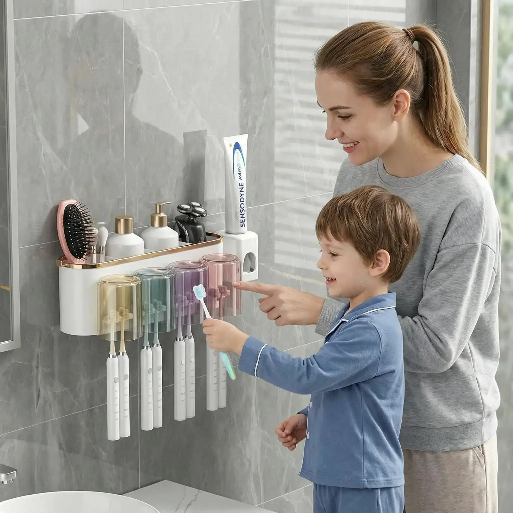 Toothbrush Holder with Toothpaste Dispenser, Wall Mounted Bathroom Organizer, 4-Cup Toothbrush Storage Rack, Bathroom Accessories for Family Use