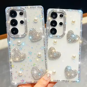 Bling Glitter Pearl Love Heart Silicone Phone Case For Samsung S24 FE S25 Plus S23 Ultra A26 A36 A56 A16 A07 A17 A15 A35 A55 5G Luxury Protector Shockproof Cover Accessories