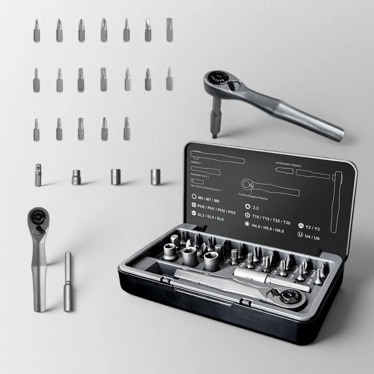 25-in-1 Precision Ratchet Screwdriver Bit Set, Magnetic Aluminum Handle Tool Kit with Drive Sockets for PC Laptop, Electronic Appliance Repair