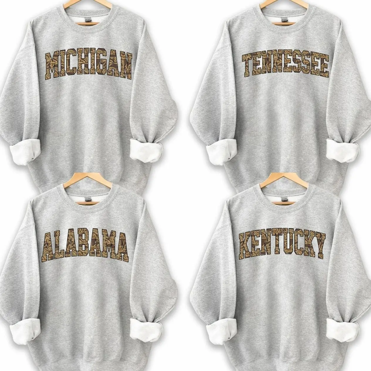 [Sale off 50%] Vintage College Varsity Custom Camo State Name Sweatshirt – Ash Grey Unisex Fleece Pullover with Camouflage Letters, Perfect Gift for Students, Alumni & State Pride Supporters EMH