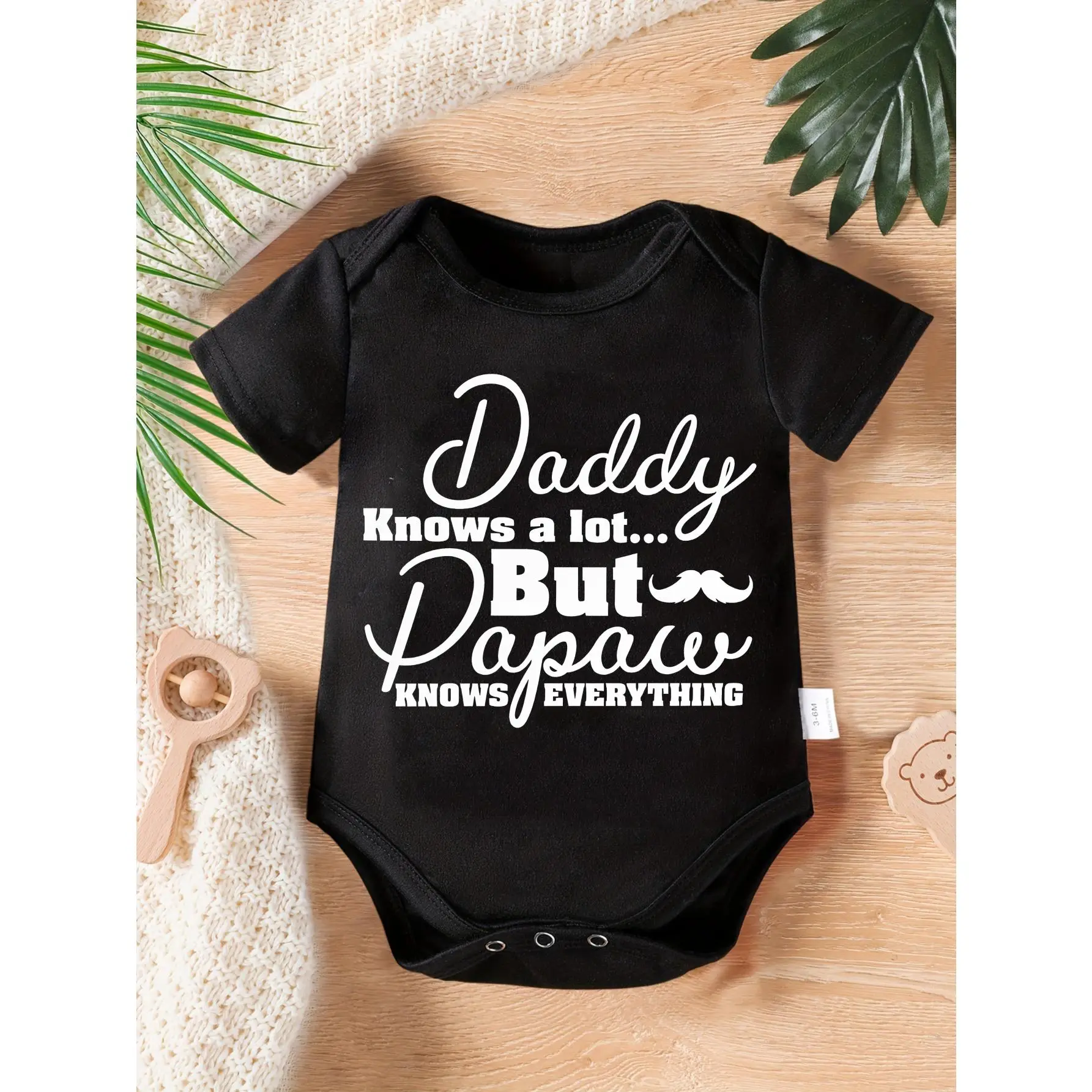 Cute Baby Bodysuit With Daddy Knows A Lot But Papaw Knows Everything Print Soft Versatile Round Neck Button Detail Regular Fit All Seasons Knitted Fabric Onesie For 0-12 Months