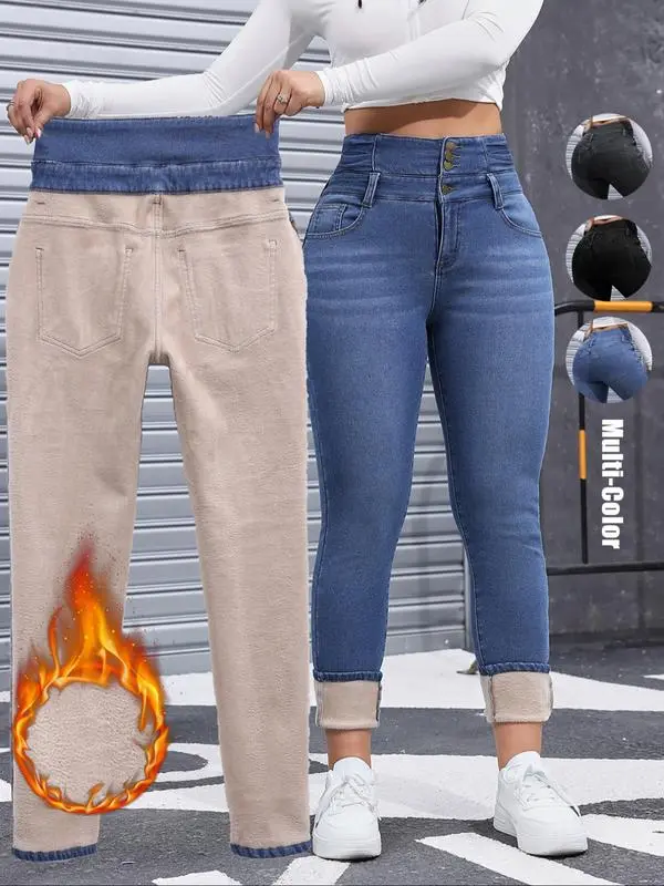 Women's Basic High-Elasticity Fleece-Lined Thick Denim Skinny Jeans - Fitted, Comfortable Bottoms for Fall, Winter Elegant Fashion, Lady