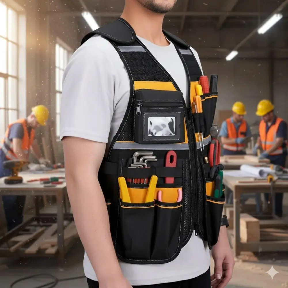 Heavy-Duty Multi-Pocket Work Vest: Waterproof, Breathable & Reflective Tool Organizer for Construction, Gardening, Auto Repair. Professional Gear for Electricians, Carpenters & Mechanics.