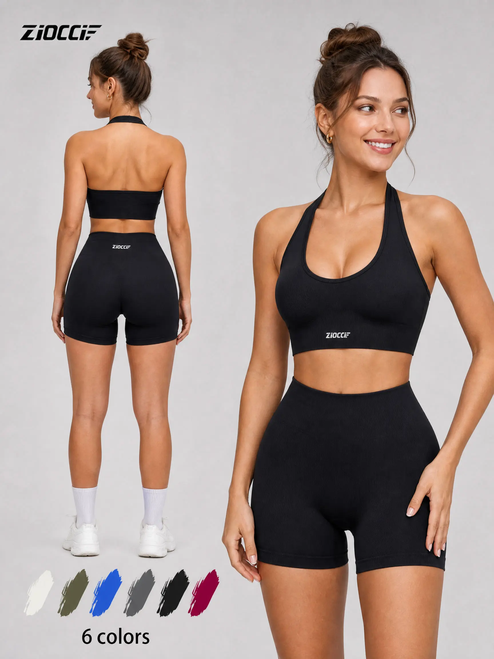 Zioccie Athletic Sets for Women 2 Piece, Seamless Halter Bra and High Waisted Tummy Control Shorts, Butt Lifting High Stretch Activewear for Gym Workouts, Woman 2 Piece Set, Fitness Features Women's Sportswear Set