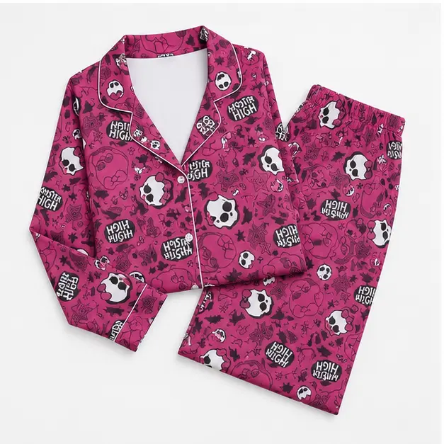 Pink Cute Monster Pajama Set for Women - Gothic Skull Print Long Sleeve Button Up PJs, Spooky Lounge Sleepwear and Halloween Gift