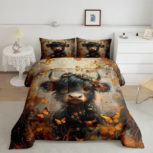 Highland Cow Comforter Set,Queen Size Maple Leaves Comforter,Room Decorative Butterfly Bedding Set,Orange Brown Duvet Set