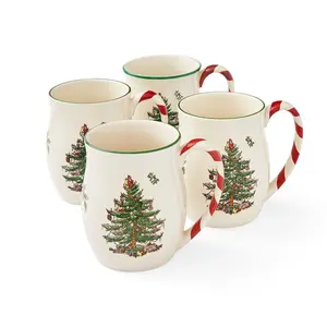 Spode Christmas Tree 14 oz Holiday Mugs (Set of 4) - Festive Coffee Cups with Peppermint Candy Cane Handle, Stoneware Christmas Drinkware