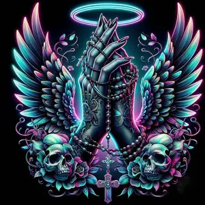 5D DIY Full Drill Round Diamond Painting - Diamond Art Kit Angel Wings, Praying Hands, Skull. Mosaic, Canvas - DIY Decor, Home Wall Art, Perfect for Halloween, Christmas, Independence Day, Birthdays, and Anniversary Gifts.