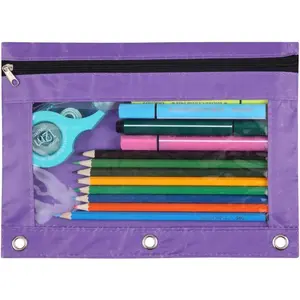 3-Ring Pen Pencil Pouch with Clear Window Stationery Bag Binder Case Classroom Organizers Purple