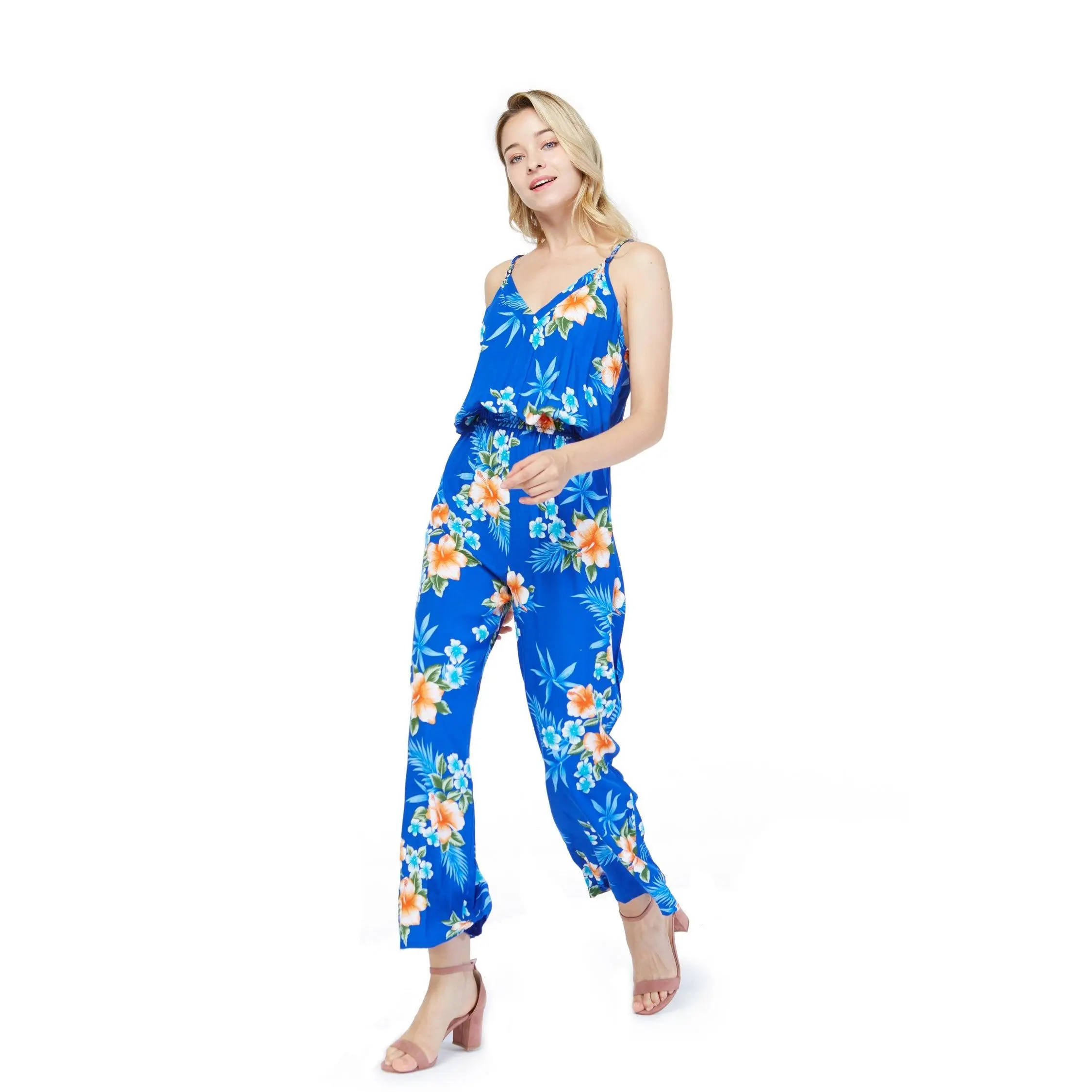 Women's Strap V with Pockets Jumpsuit  in Hibiscus Blue