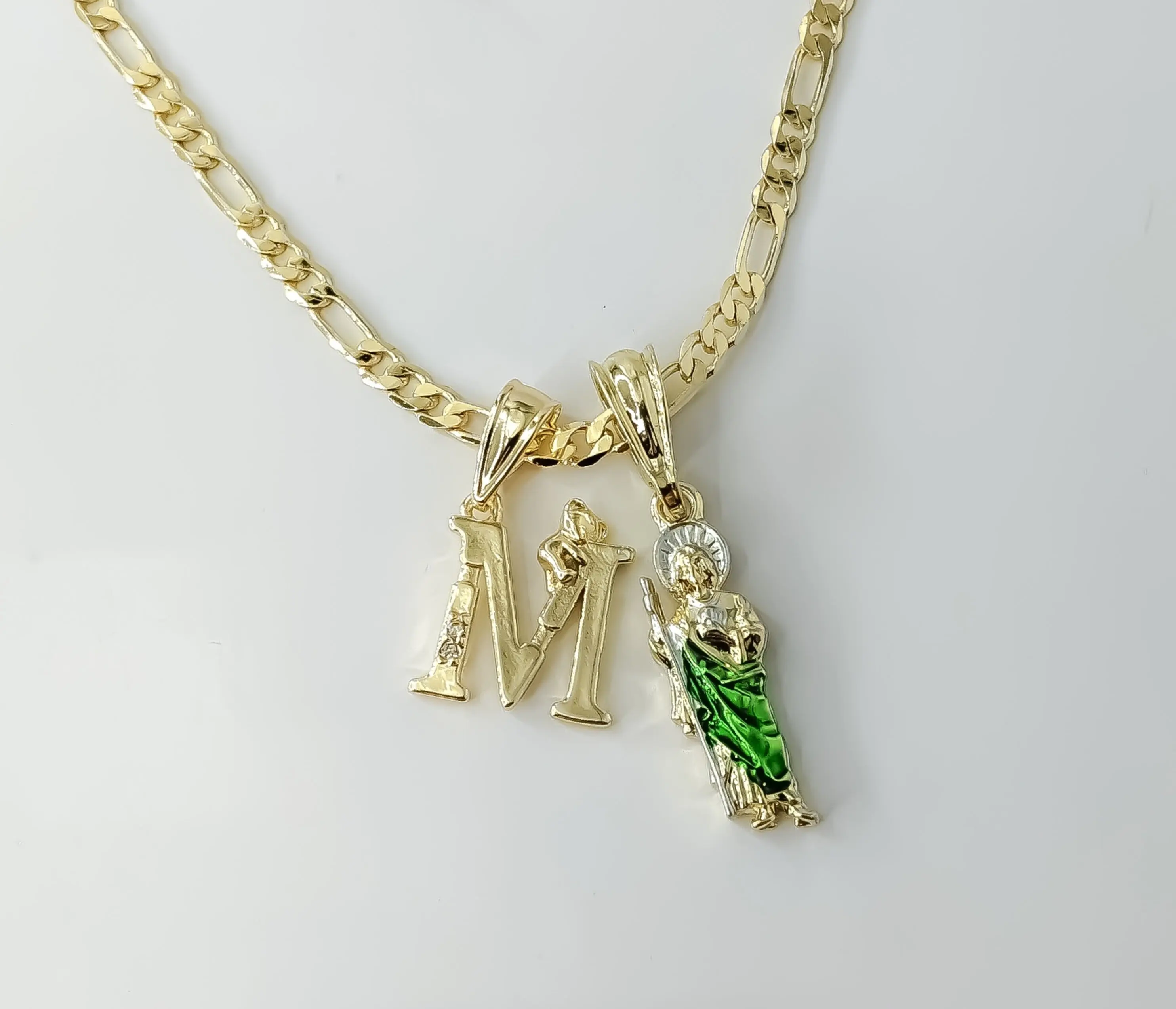 Plated Dainty Letter "M" Multicolor Saint Jude Double Pendants 3mm Figaro Chain Necklace