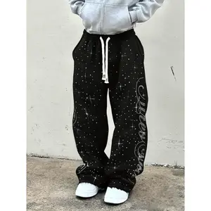 Men’s Street-Style Wide-Leg Casual Sweatpants, Unique Galaxy Rhinestone Design, Loose Fit, Elastic Waist, All-Season Wear