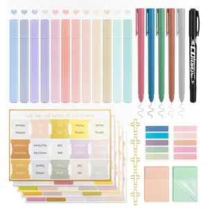 Journaling Kit, Colored  Study Supplies, 12 Pastel No Bleed Highlighters and 5 Colored Pens, Transparent Sticky Notes and  Tabs Set and , Book Annotation Kit for Women & Men