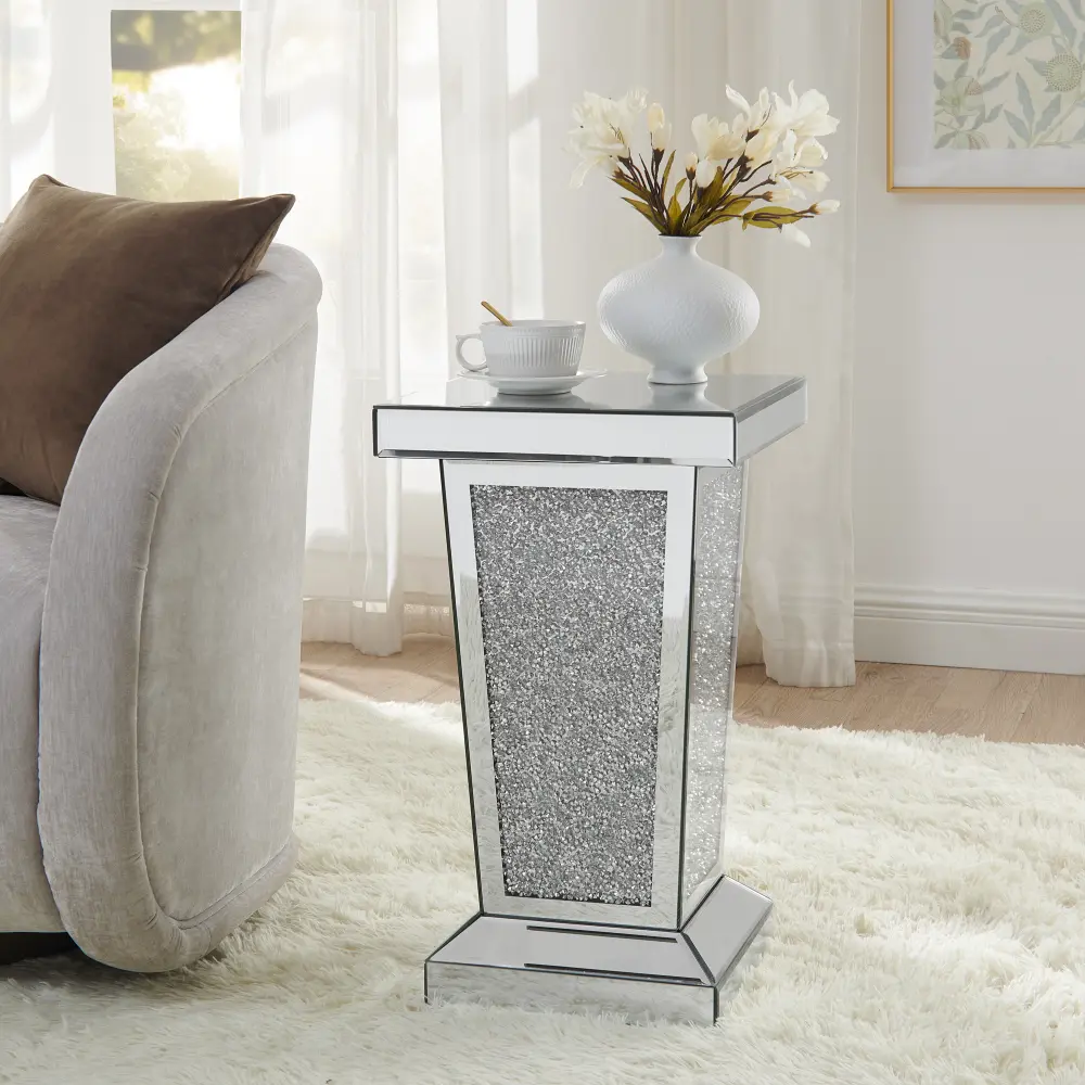 Modern Silver Mirrored Side End Table with Crystal Inlay - Indoor Furniture for Living Room, Nightstand - 13.8"W x 13.8"D x 23.6"H