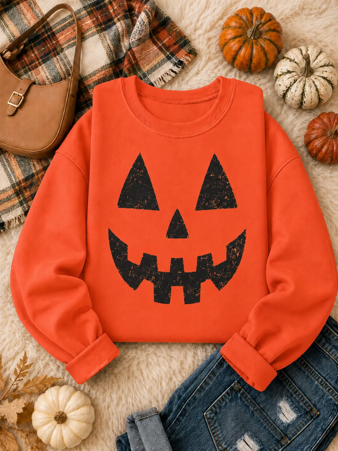 Tilly Pumpkin' Orange Reversible Oversized Mockneck Crew, Women’s Jack O’ Lantern Sweatshirt, Retro Distressed Pumpkin Face Graphic Crewneck, Cotton Blend Halloween Fall Top