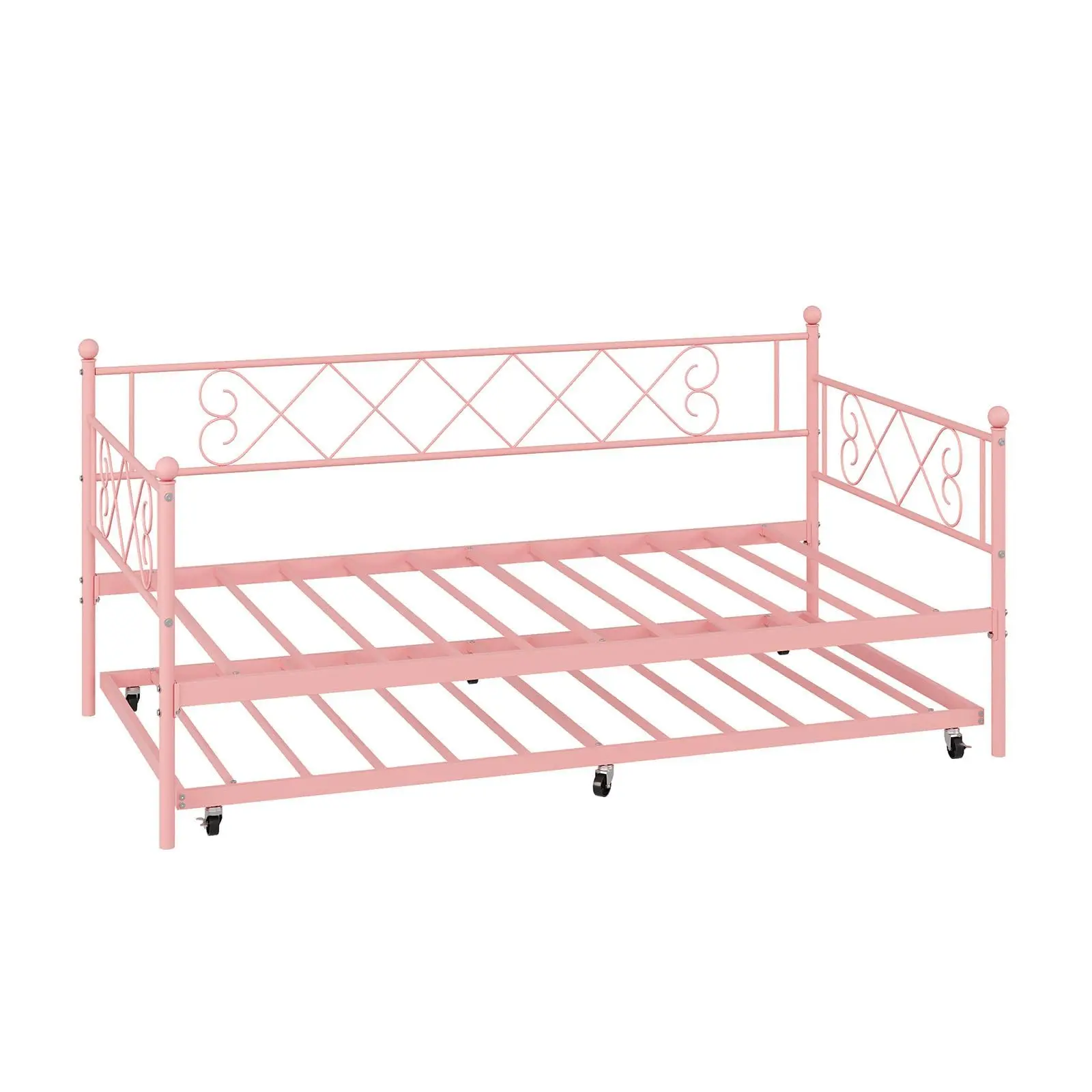 Garvee Twin Metal Daybed with Trundle, Heart-Shaped Headboard, Sturdy Steel Slat Support, Space-Saving Sofa Bed for Living Room, Bedroom, Guest Room, Easy Assembly, Pink