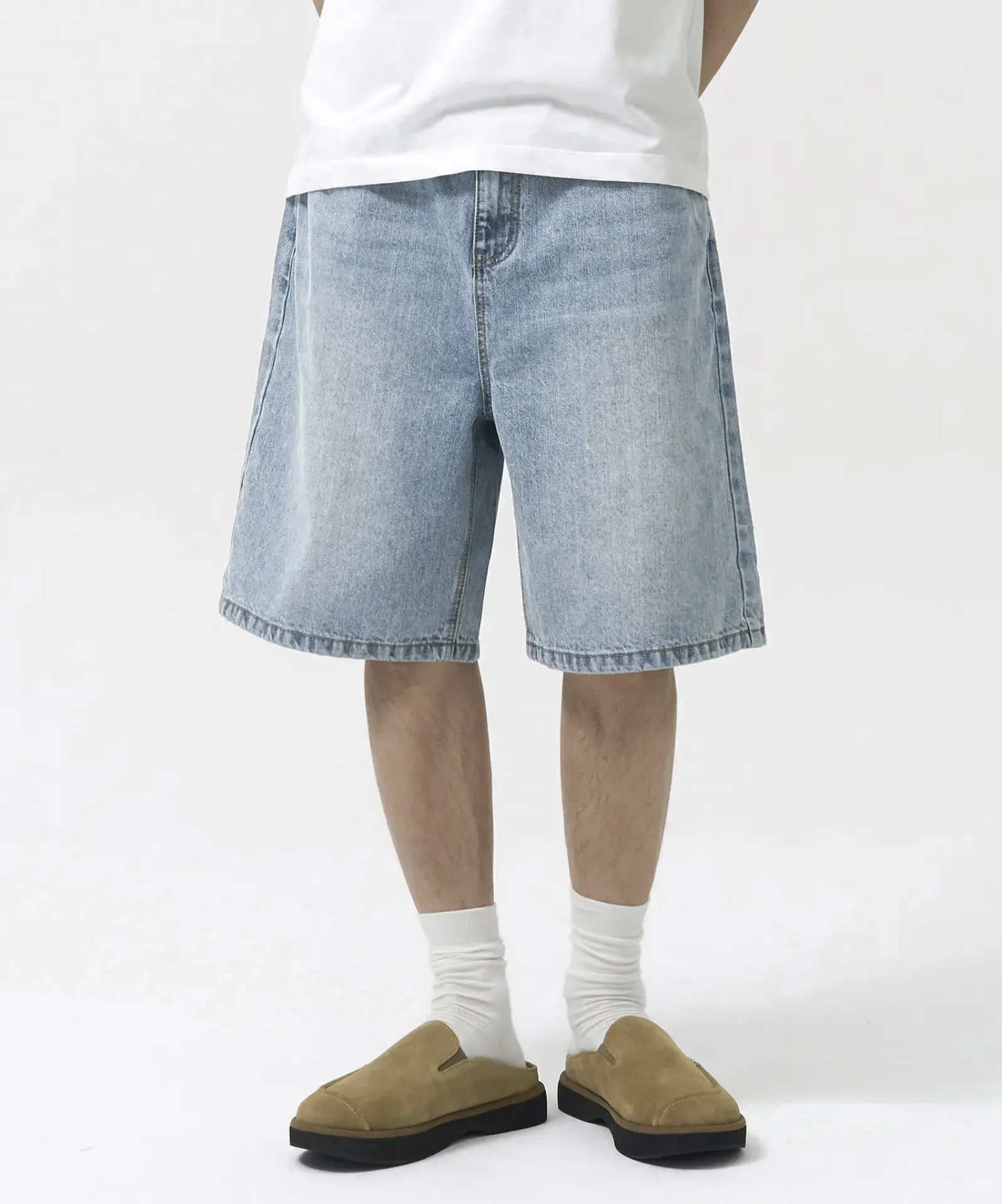 Men Y2K Streetwear Denim Shorts Light Blue Non-Stretch Loose Straight Fit Washed Summer Shorts