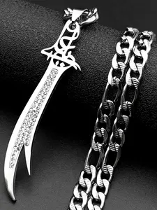 Islamic Imam Ali Sword Rhinestones Pendant Fashion Necklace for Women Men Stainless Steel Gold Color Arabic Letter Chain Gift